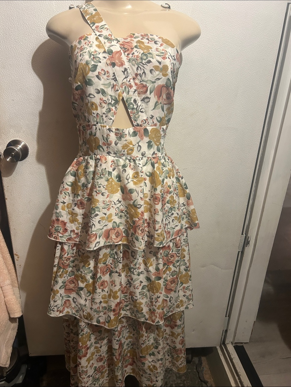 Reverse White Floral High-Low Tiered Dress with Pink & Mustard Accents